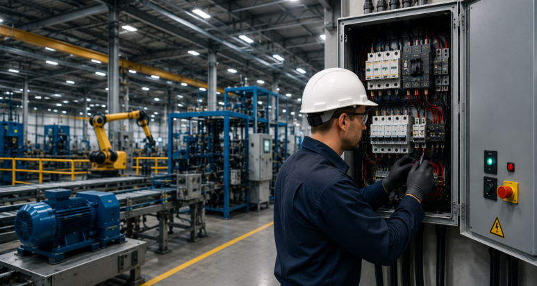 Technician inspecting an electrical panel in a manufacturing facility during an industrial electrical panel upgrade assessment.