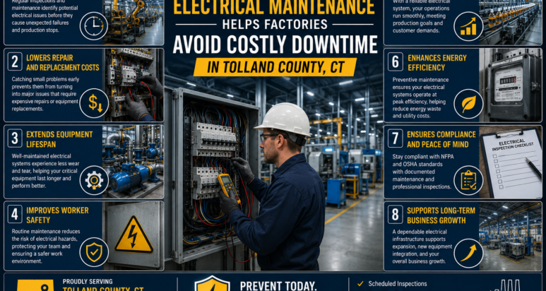 Preventive Electrical Maintenance Tolland County CT industrial electrician inspecting factory electrical panel to prevent costly downtime